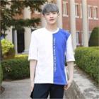 Elbow-sleeve Color-block Printed T-shirt