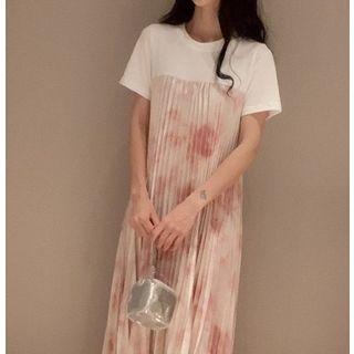 Mock Two-piece Short-sleeve Chiffon Dress As Shown In Figure - One Size
