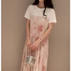 Mock Two-piece Short-sleeve Chiffon Dress As Shown In Figure - One Size