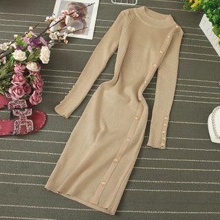 Knit Button Long-sleeve Midi Sheath Dress