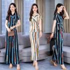 Set: Short Sleeve Striped Tie-waist Top + Cropped Wide-leg Pants