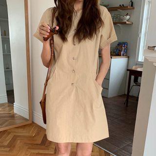 Plain Short-sleeve Roll Up Dress