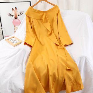 3/4-sleeve Ruffled Midi A-line Dress