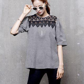 Elbow-sleeve Lace-yoke Checked Top