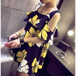 Elbow-sleeve Cold Shoulder Floral Print Mini A-line Dress As Shown In Figure - One Size