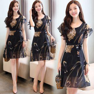 Short-sleeve Floral Print A-line Chiffon Dress