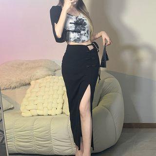 Frog Buttoned Cutout Midi Pencil Skirt