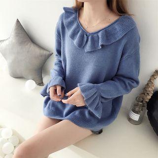 Plain Ruffle-trim Sweater