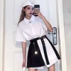 Pocket Detail Elbow-sleeve Shirt / Side-slit Mini A-line Skirt