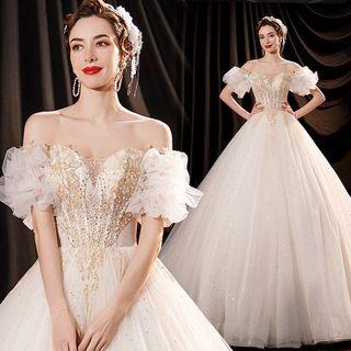 Short-sleeve Glitter Mesh Ball Gown