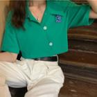 Button Plain V-neck T-shirt