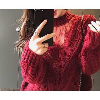 Mesh Panel Mock-neck Sweater
