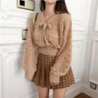 Bow-accent Open-knit Sweater Camel - One Size
