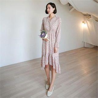 Floral Ruffled Dip-back Long Shirtdress
