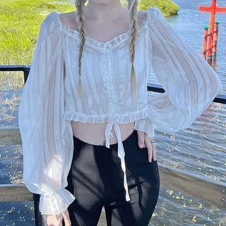Puff Sleeve Ruffled-trim Tie-waist See-through Crop Top