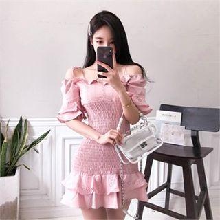 Smocked-panel Frilled Off-shoulder Mini Dress