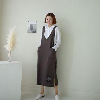 Set: V-neck Patched Long Overall Dress + Hoodie