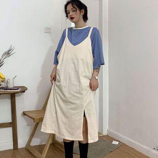 Elbow-sleeve Striped T-shirt / Strappy Midi Dress