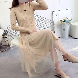Long-sleeve Cable Knit Midi Mesh Dress