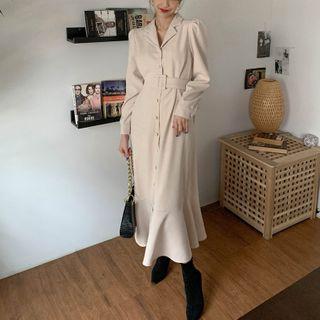 Button Tie-waist Midi A-line Dress