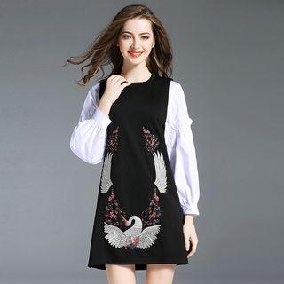 Set: Puff-sleeve Shirt + Sleeveless Embroidered Mini Dress