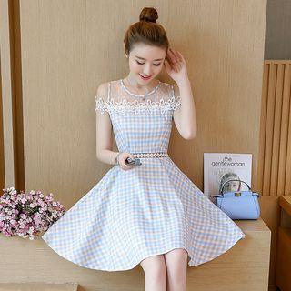 Short-sleeve Cold Shoulder Plaid A-line Mini Dress