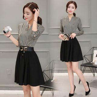 Set: Striped V-neck Blouse + A-line Skirt