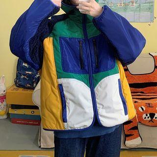 Fleece-lined Color Panel Hooded Cotton Jacket