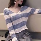Color-block Striped V-neck Long-sleeve Sweater