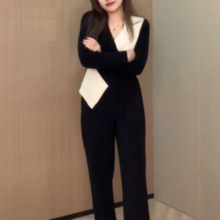 Two-tone Wrap Sweater / Straight Leg Pants