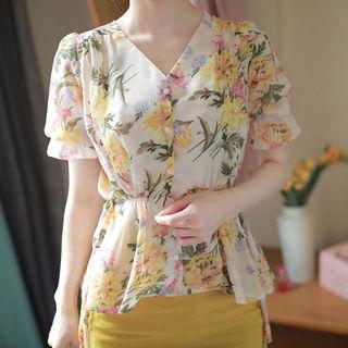 V-neck Tie-side Floral Blouse Pink - One Size