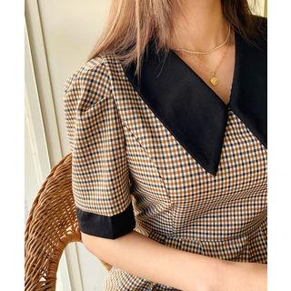 Contrast-collar Plaid Dress Black - One Size