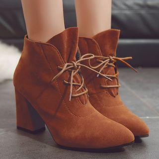 Faux Leather Pointed Block Heel Ankle Boots