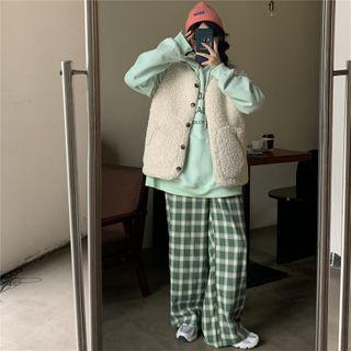Lettering Hoodie / Fleece Button-up Vest / Plaid Wide-leg Pants