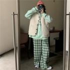 Lettering Hoodie / Fleece Button-up Vest / Plaid Wide-leg Pants