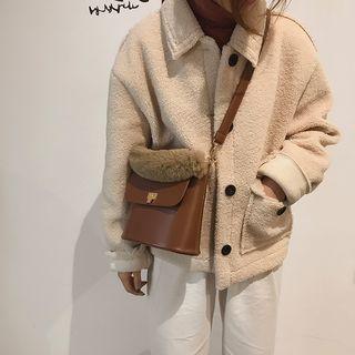 Furry Handle Faux Leather Bucket Bag