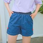 Elastic-waist Side-slit Denim Shorts