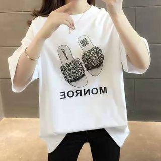 Elbow-sleeve Sandal Print T-shirt