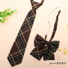 Set: Plaid Neck Tie + Bow Tie Jk039 - Set Of 2 - Neck Tie & Bow Tie - Coffee - One Size