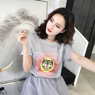 Set: Tiger Print Short-sleeve T-shirt + Midi Mesh Skirt