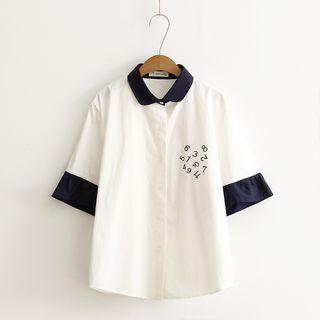 Number Embroidered Elbow-sleeve Shirt