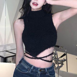 Mock-neck Fluffy Crop Tank Top