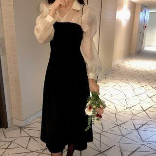 Mock Two-piece Long-sleeve Open-placket Midi A-line Dress