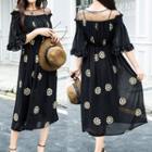 Embroidered Mesh Panel Elbow-sleeve Dress