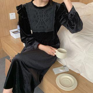 Ruffle Trim Lace Panel Long-sleeve Velvet Dress As Shown In Figure - One Size