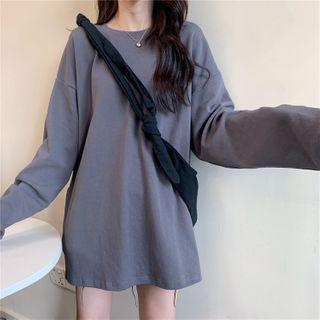 Long-sleeve Loose Fit Plain Slit-cuff T-shirt