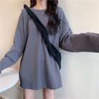 Long-sleeve Loose Fit Plain Slit-cuff T-shirt