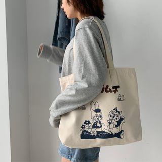 Cartoon Print Canvas Tote Bag Beige - One Size