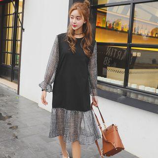Plaid Panel Long Sleeve Midi Dress