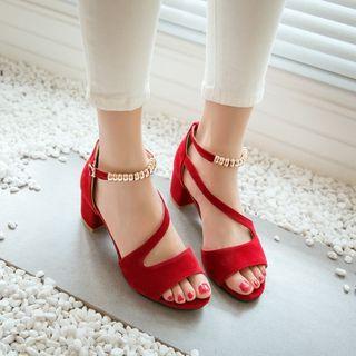 Beaded Strap Block Heel Sandals
